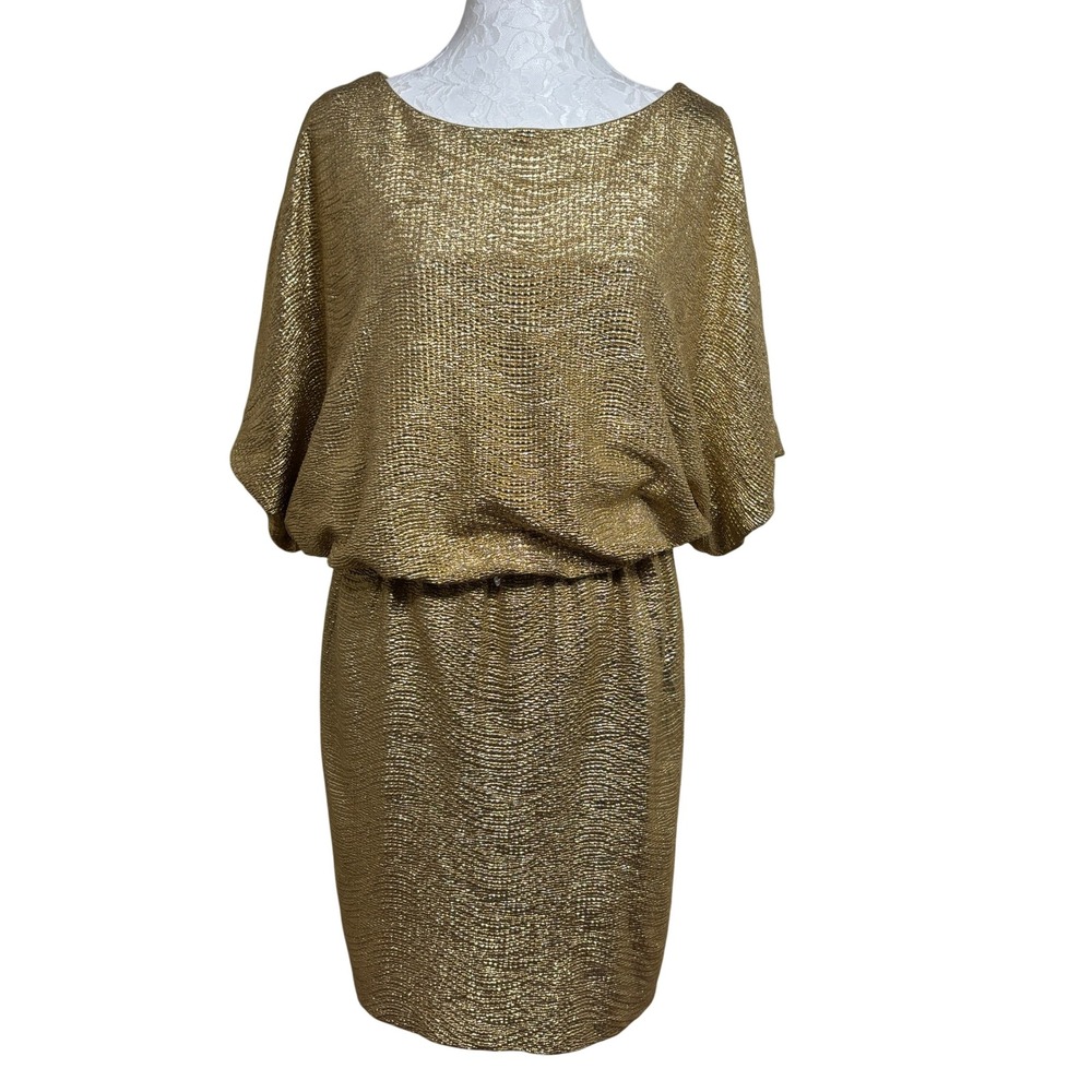 XSCAPE By Joanna Chen Gold Metallic Knit Blouson Cocktail Sheath Dress Womens 12